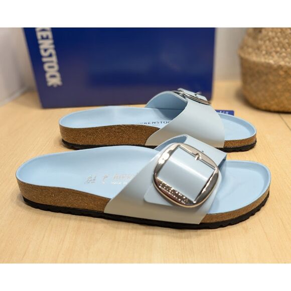 Birkenstock Madrid Big Buckle Baby Blue Natural Leather Patent Sandals EU 41 NIB - Picture 2 of 15